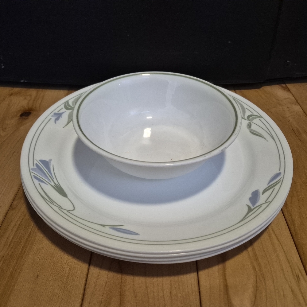 Corelle Blue Wreath, 4 dinner plates and 1 bowl